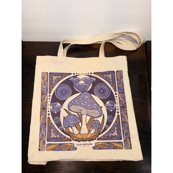 Earthbound Trading Co Handbags - Earthbound Trading Co Mushroom Canvas Tote Bag Purple Gold Boho Reusable Shopper